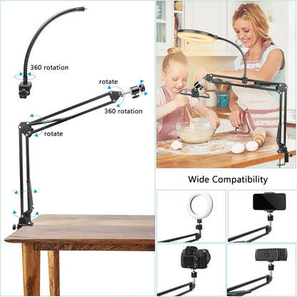 Overhead Video Stand Phone Holder Articulating Arm Phone Mount Table Top ChromLives Scissor Boom Arm Articulating Phone Stand Tablet Phone Holder for Streaming Phone Baking Crafting