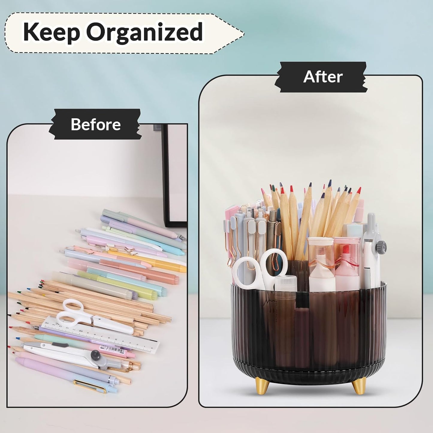 SKYDUE Rotating Pencil Pen Holder, Pen Organizer with 5 Slots - Aesthetic Desk Organizer and Accessories for School, Home, Office Supplies