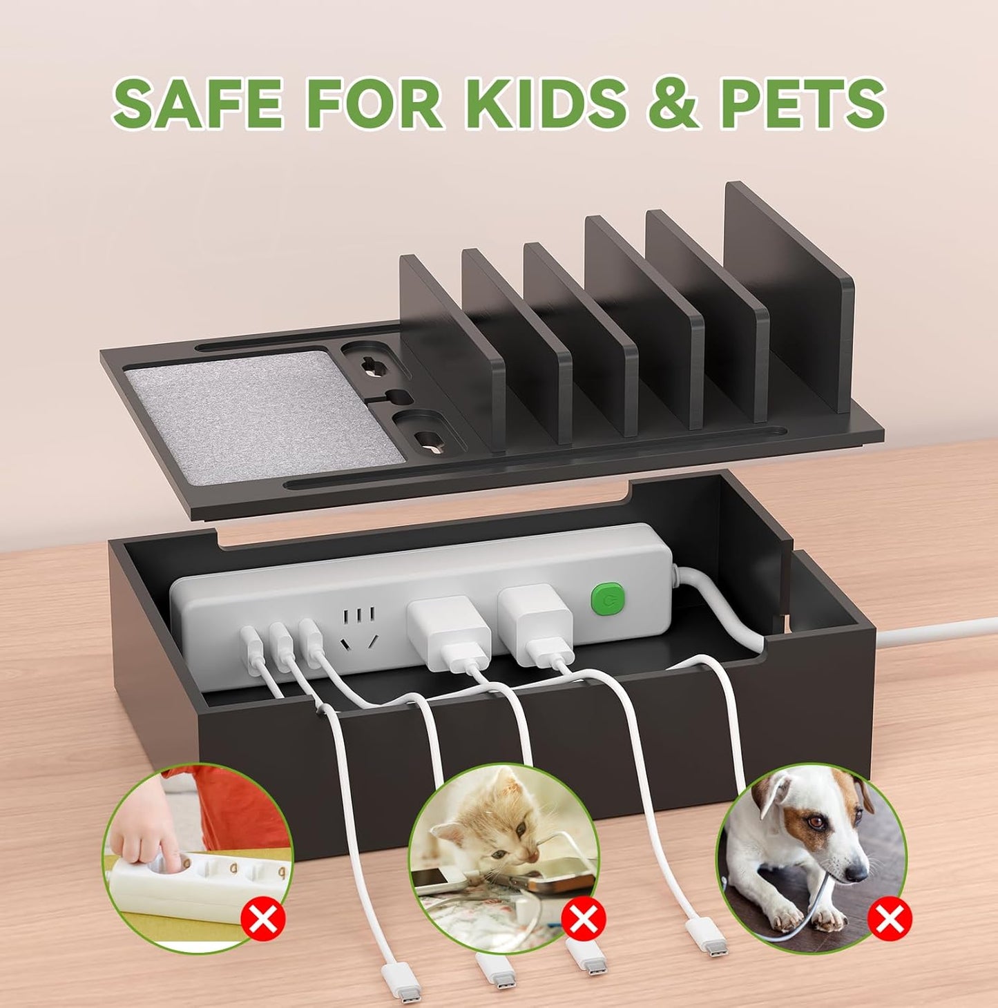 Pezin & Hulin Bamboo Charging Station for Multiple Devices, USB Charger Dock Organizer, with Power Supply (10 Ports HUB), 6 Cables, Cable Management Organizer for Cell Phones, Tablets -Natural+White