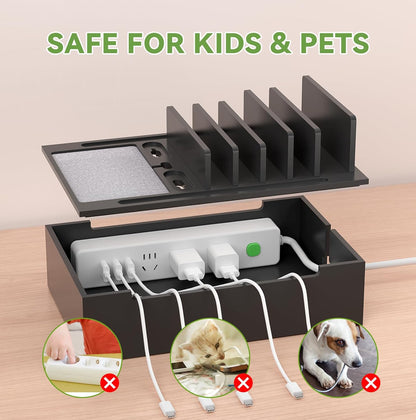 Pezin & Hulin Bamboo Charging Station for Multiple Devices, USB Charger Dock Organizer, with Power Supply (10 Ports HUB), 6 Cables, Cable Management Organizer for Cell Phones, Tablets -Natural+White