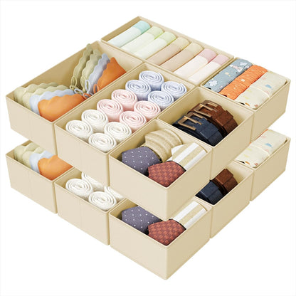 DIMJ Drawer Organizers Clothes, Dresser Organizer Bins for Baby Clothes,Underwear and Sock, Fabric Closet Organization and Storage Boxs, Drawer Dividers for Nursery, Clothing, Tie - 4 Pack, Beige