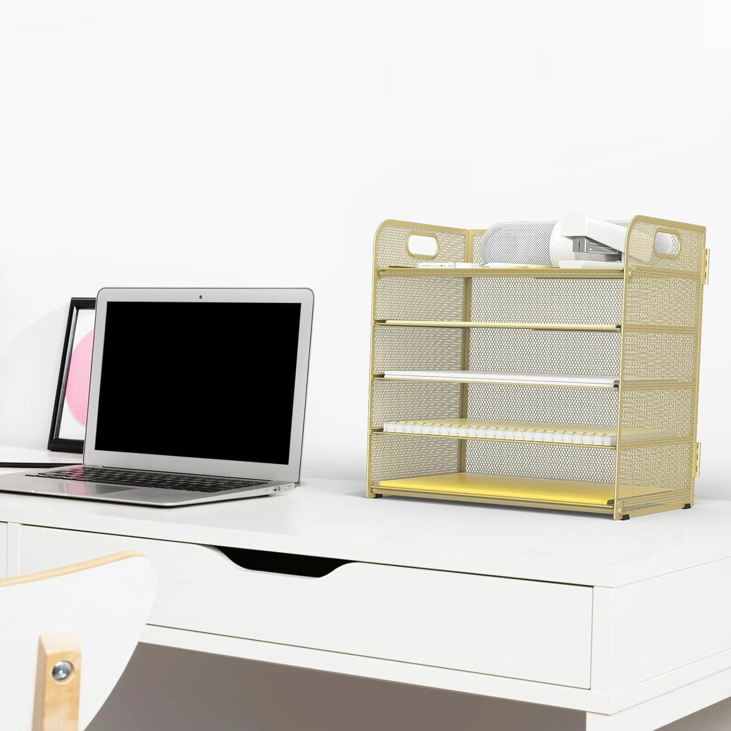 Letter Tray Paper Organizer 5-Tier Desk Organizer File Organizer Paper Holder with Handle, Metal Desktop Document Shelf Tray Office Classroom Organization - Black