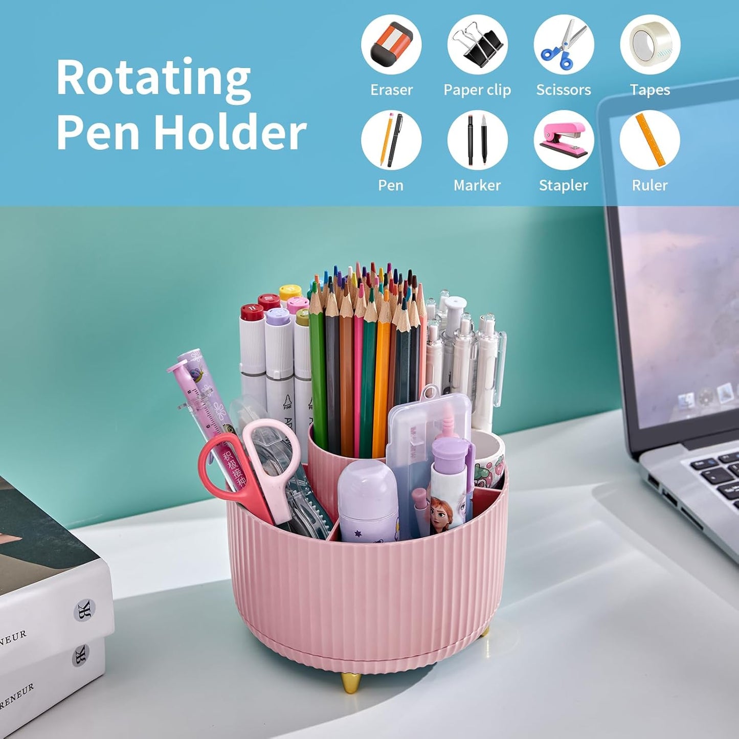 Marbrasse Desk Organizer, 360-Degree Rotating Pen Holder, Desk Organizers and Accessories with 5 Compartments Pencil Holder, Art Supply Storage Box Caddy for Office, Home（White）