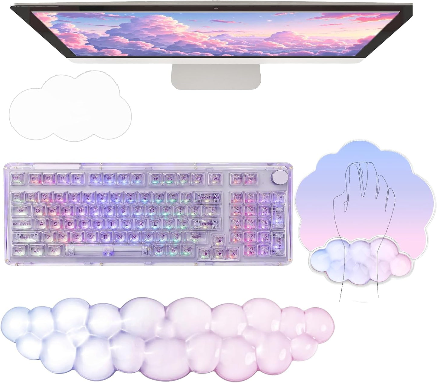 Cloud Wrist Rest Keyboard Pink Mouse Pad Set with Wrist Rest Ergonomic Wrist Pad Memory Foam Non-Slip Base Cute Gradient Wrist Support for Computer Laptop Gaming Home Office Relief Typing Pain