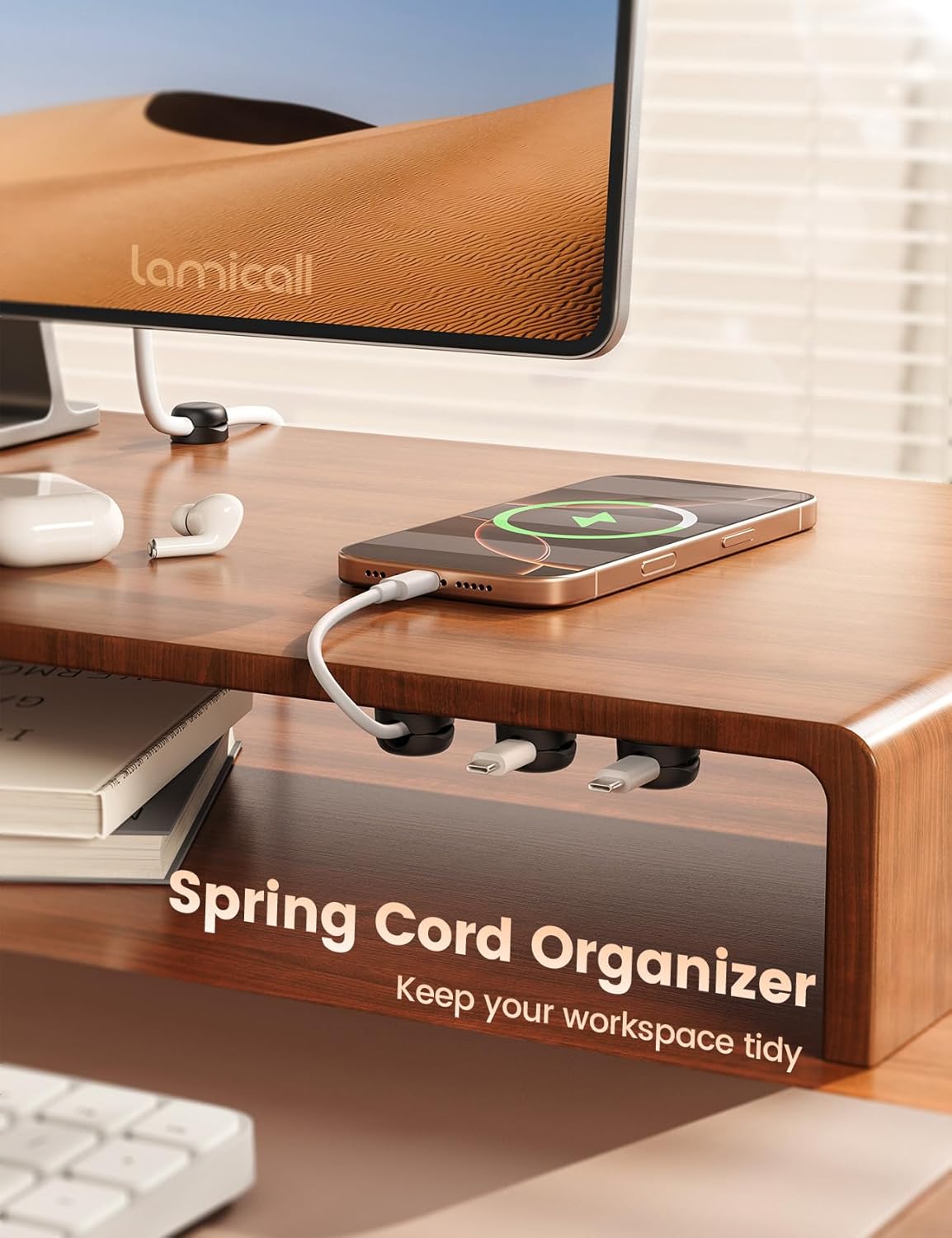 Lamicall Cable Clips, Spring Cord Organizer Holder - 6Pack Compact Desk Cable Management Clips, Nightstand Phone Charging Cord Holder, 8mm Slot Adhesive Wire Organizer, Desk Office Accessory