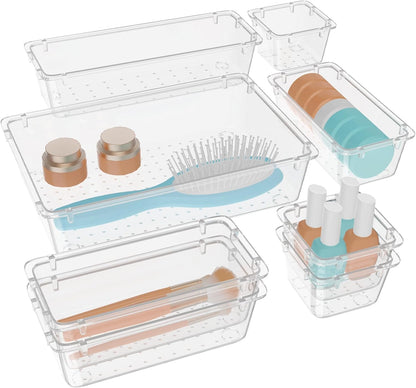 WOWBOX 32 PCS Clear Plastic Drawer Organizer Set, 4 Sizes Desk Drawer Organization and Storage Containers for Makeup, Cosmetics, Jewelry and Gadgets in Kitchen, Bathroom, Bedroom, Office, Clear Black
