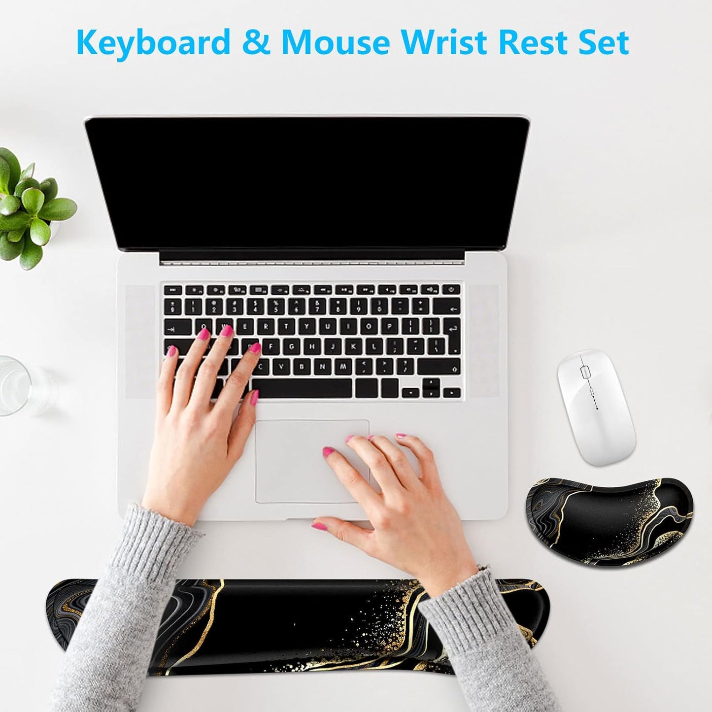Dapesuom Enlarge Keyboard Wrist Rest, Memory Foam Wrist Cushion for Desk Mats Support, Cute Pain Relief Keyboard Mouse Pad Rests Set with Non-Slip Base for Gaming Laptop Office Computer, Green Leaf