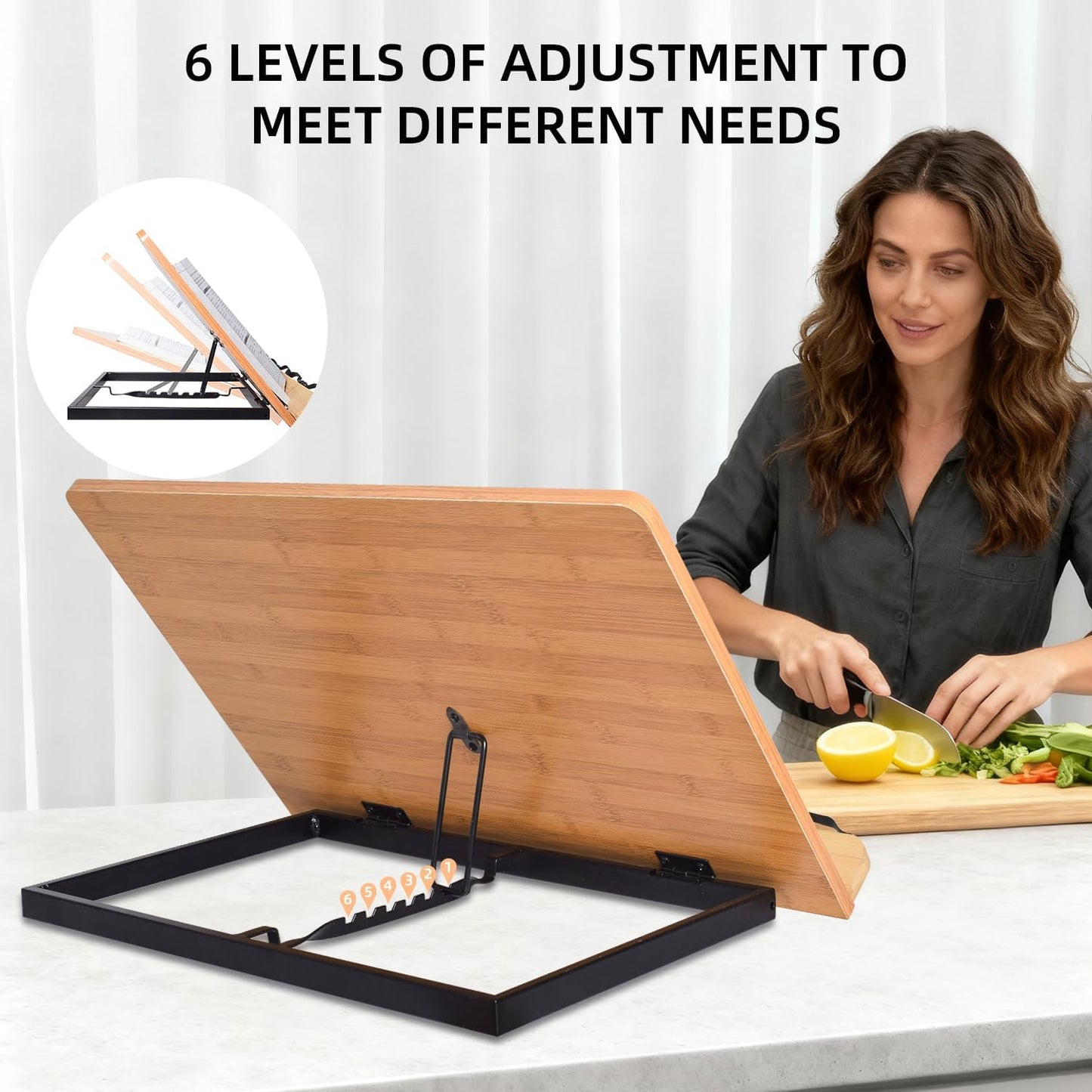 wishacc Bamboo Book Stand, Adjustable Book Holder Tray and Page Paper Clips-Cookbook Reading Desk Portable Stable Hard-Wearing Lightweight Bookstand-Textbooks Books