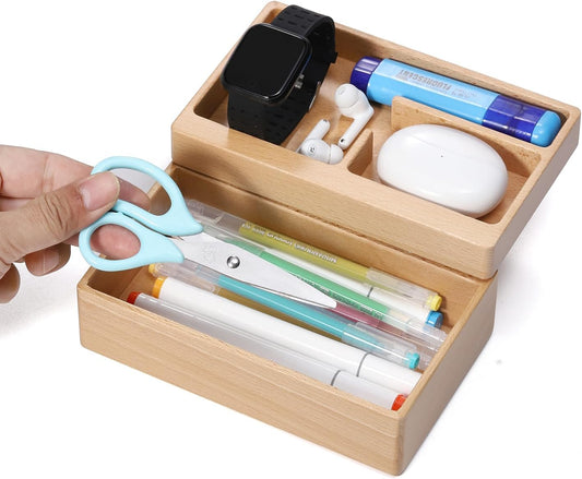 Valet Tray Box, Beech Wooden Storage Box with Magnetic Rotating, Office Desk Daily Supplies Organizer (Beech)