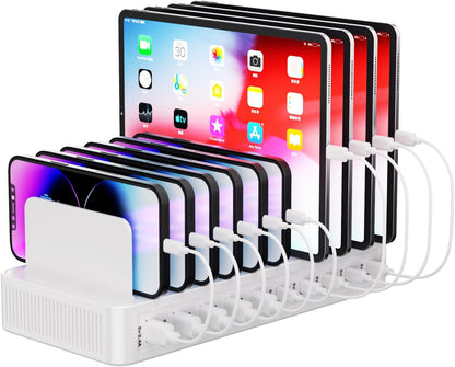 60W Charging Station for Multiple Devices, 10-Port USB Fast Charging Station with Adjustable Dividers - Device Organizer Charging Dock for iPhone, Android, iPad, Tablets & More