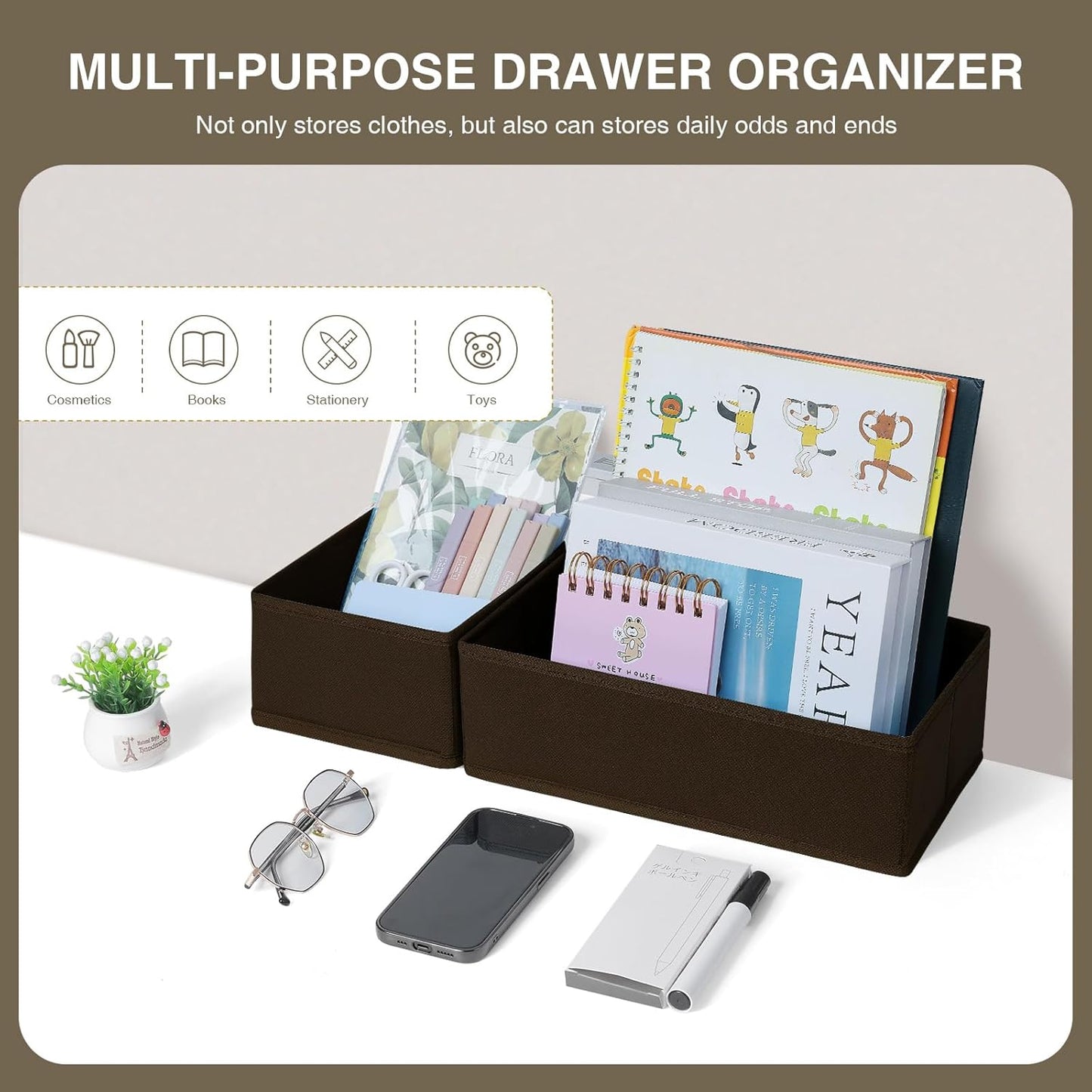 DIMJ Drawer Organizers Clothes, Dresser Organizer Bins for Baby Clothes,Underwear and Sock, Fabric Closet Organization and Storage Boxs, Drawer Dividers for Nursery, Clothing, Tie - 4 Pack, Beige