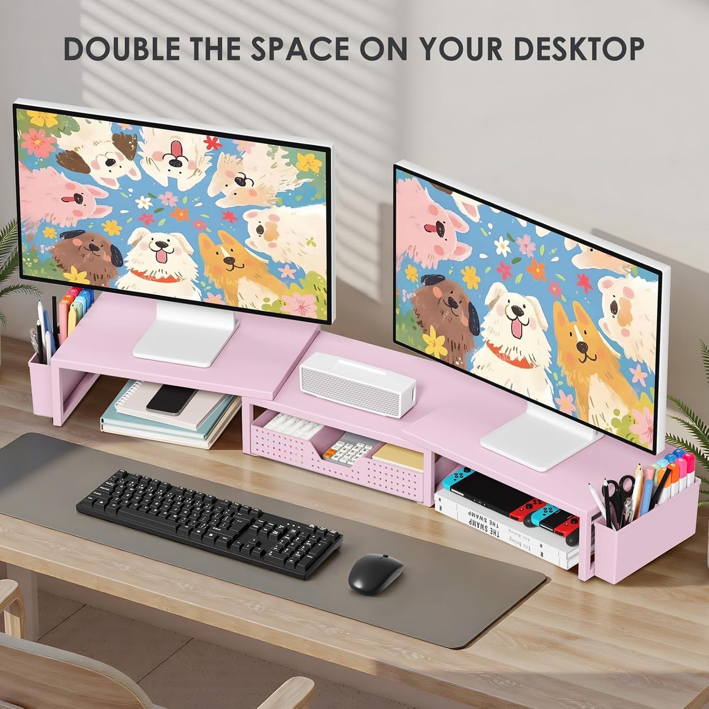 OPNICE Clear Acrylic Desk Organizers and Accessories, Dual Monitor Stand Riser with Drawer, Desk Shelf Computer Racks for Office Workspace Organizers, Desktop Organization (Transparent)