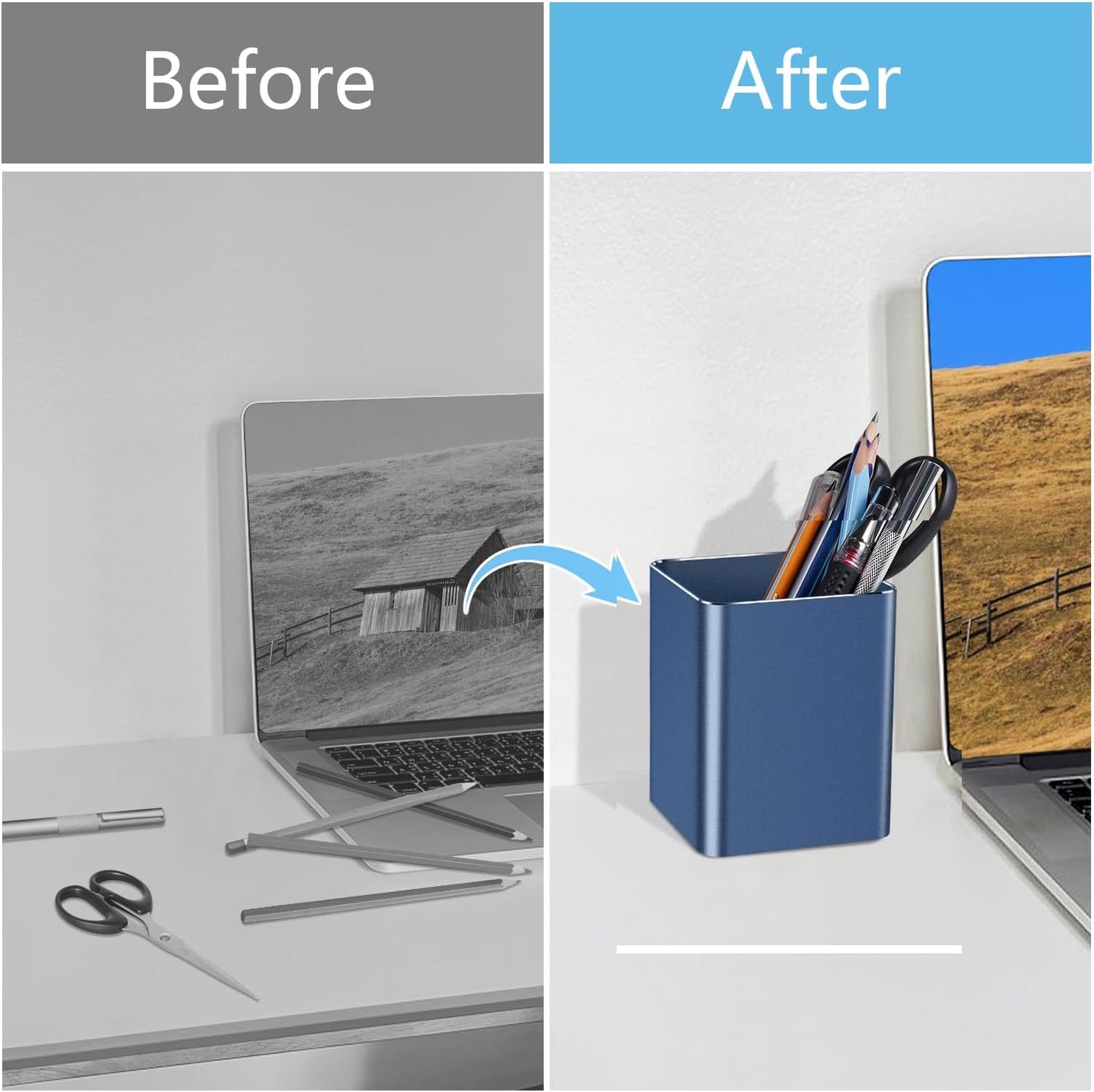 Pen holder, aluminum alloy waterproof pen holder, desktop simple and modern minimalist, multifunctional office supplies for families, kids and schools (blue)
