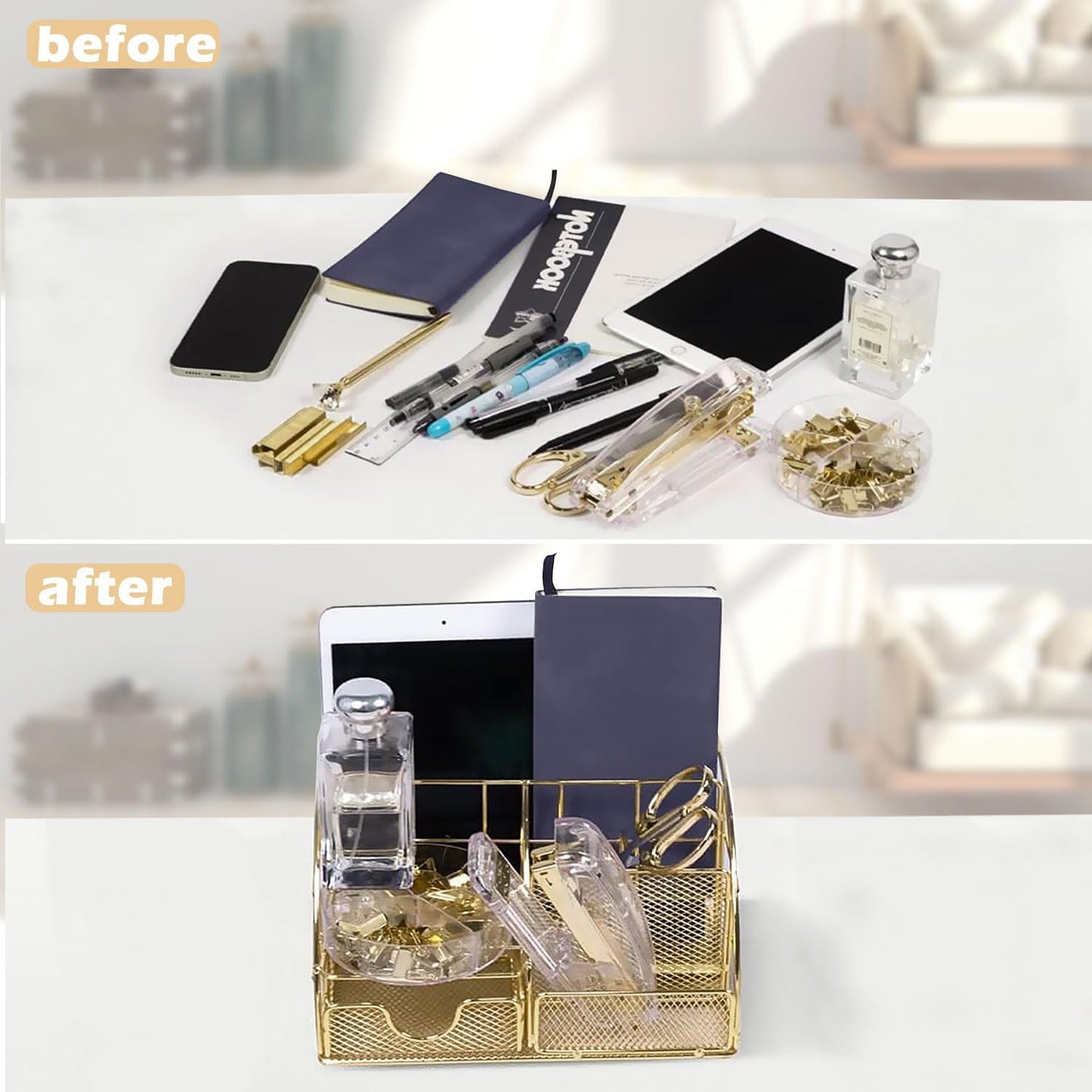 Office Desk Organizers, Rose Gold 13PCS Office Supplies and Accessories Desk organizer, Acrylic Stapler, Staple Remover, Clips, Scissor, Phone Holder, Pen, Pen Holder (Rose Gold)