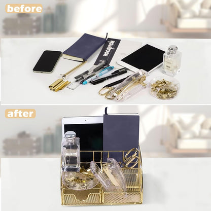 Gold Desk Organizers,Desk Accessories,Office Supplies Set,13PS Set with Acrylic Stapler,Tape Dispenser,Staple Remover,Pen Holder,Clips,Scissor, Phone Holder,Pen