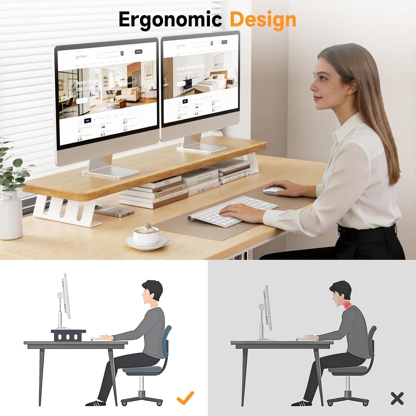 Monitor Stand Riser, 39 Inch Large Wood Monitor Stands for 2 Monitors