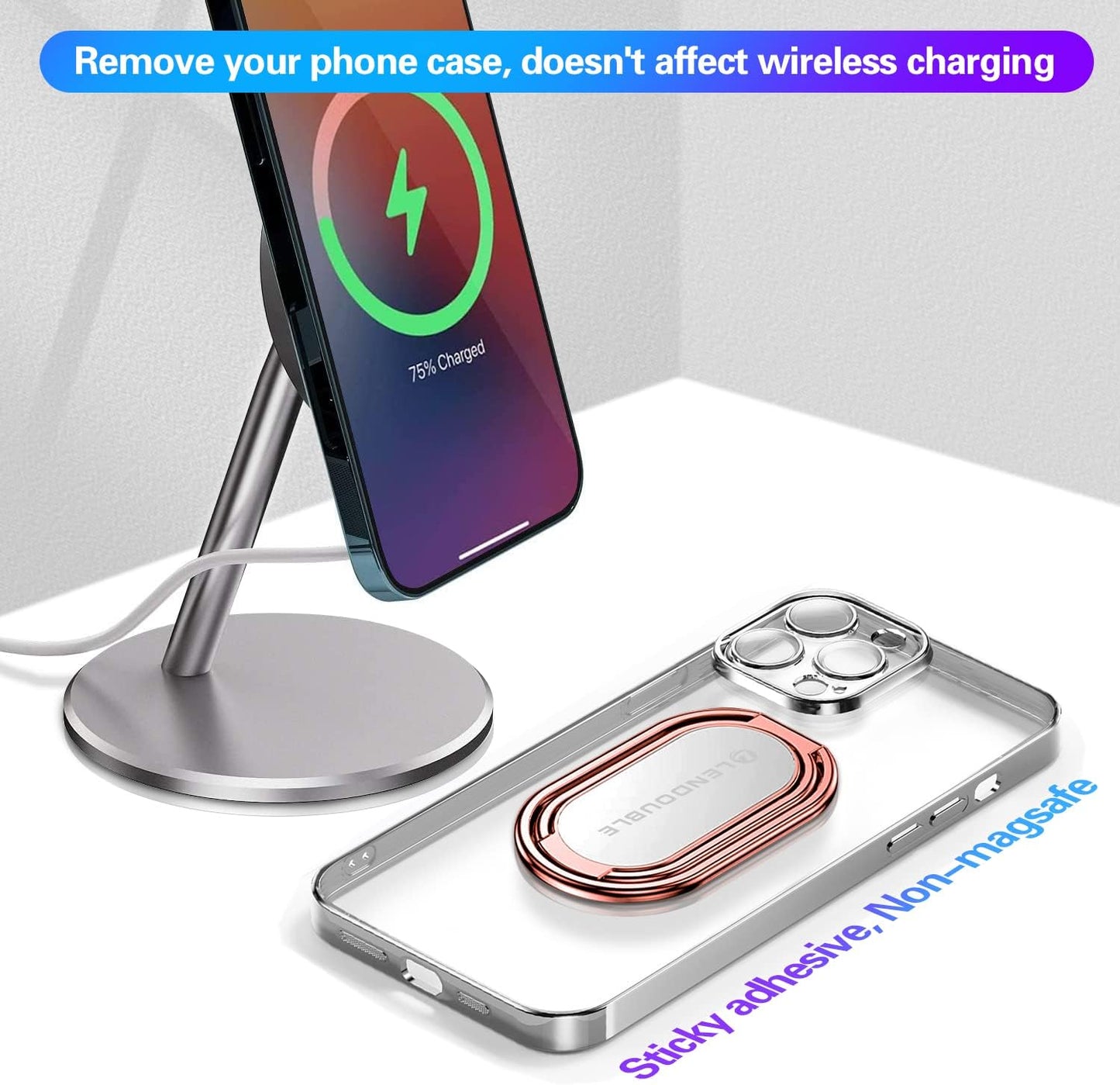 Foldable Cell Phone Stand for Desk, Adjustable Cellphone Ring Holder Finger Kickstand for Office Desktop & Magnetic Car Mount, Rotatable Multi-Angle Hand Grip for iPhone 16 15 Smartphones Back Case