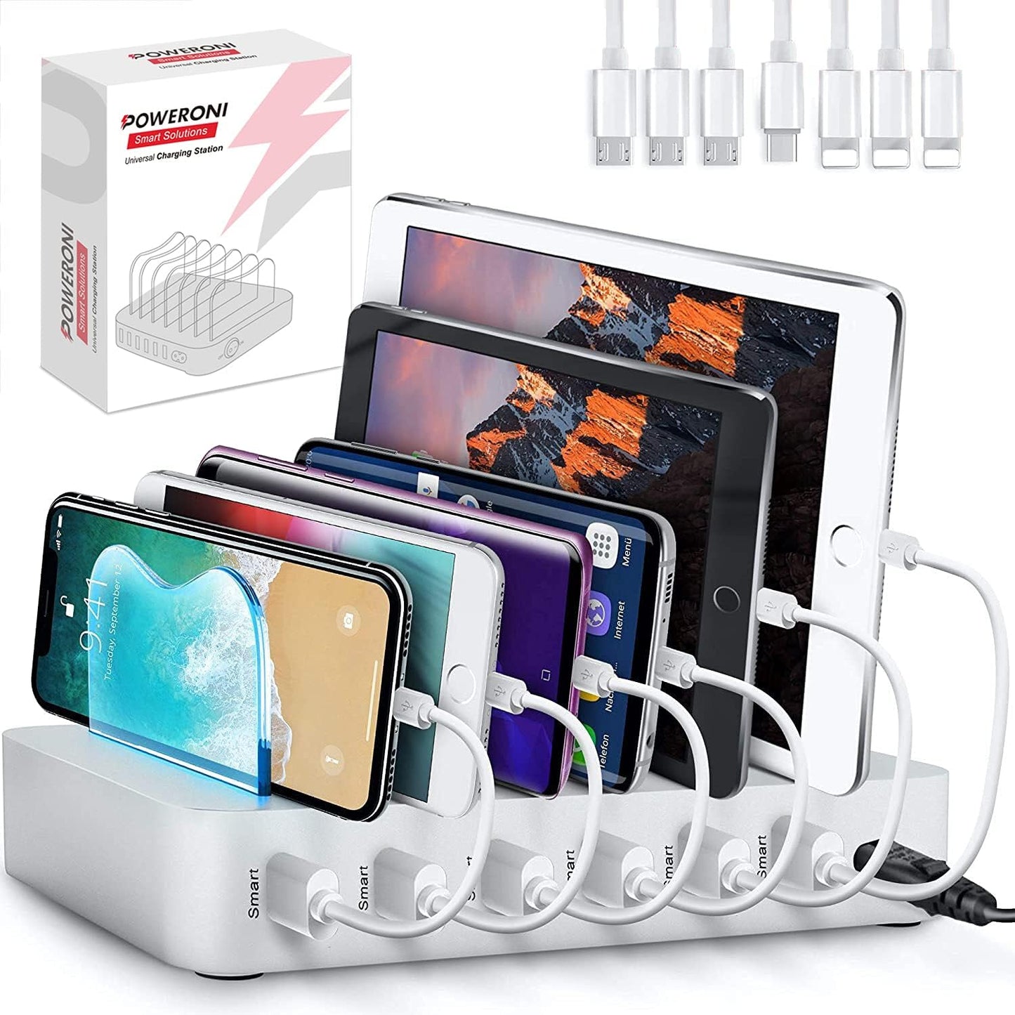 USB Charging Station - 6 Port Universal Charging Station for Multiple Devices - Multi Device Charger Dock - Compatible with Apple, iPad, iPhone, Android Cell Phones, and Tablets - Black