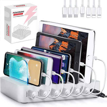 USB Charging Station - 6 Port Universal Charging Station for Multiple Devices - Multi Device Charger Dock - Compatible with Apple, iPad, iPhone, Android Cell Phones, and Tablets - Black