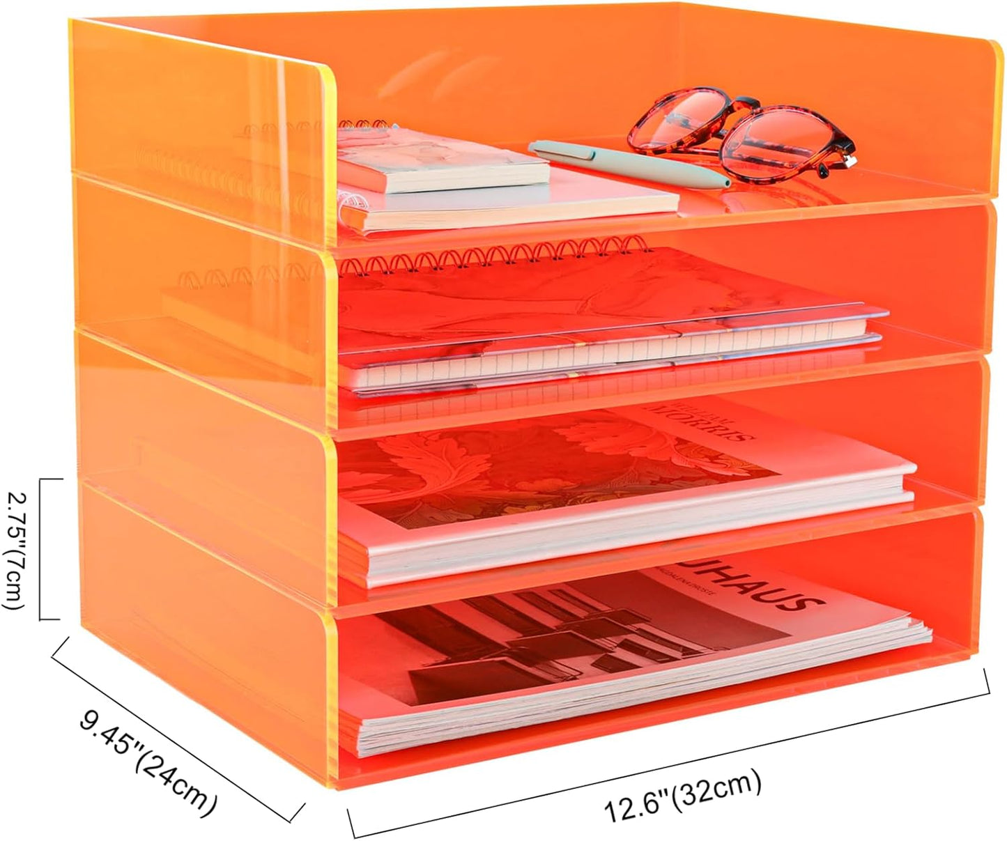 Gelite Acrylic File Organizer for Desk 4 Tiered Stackable Letter Tray Office Paper Storage Desktop Document Sorter, Neon Pink