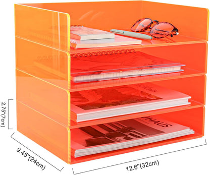 Gelite Acrylic File Organizer for Desk 4 Tiered Stackable Letter Tray Office Paper Storage Desktop Document Sorter, Neon Pink
