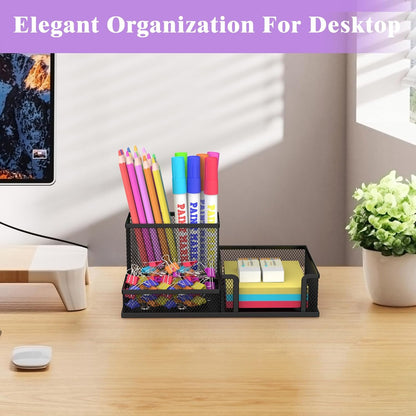 SUPEASY Pen Holder Desk Organizer, Office Supplies Pencil Holder with 3 Compartments, Desk Accessories and Workspace Organizers for Home School Classroom, Black