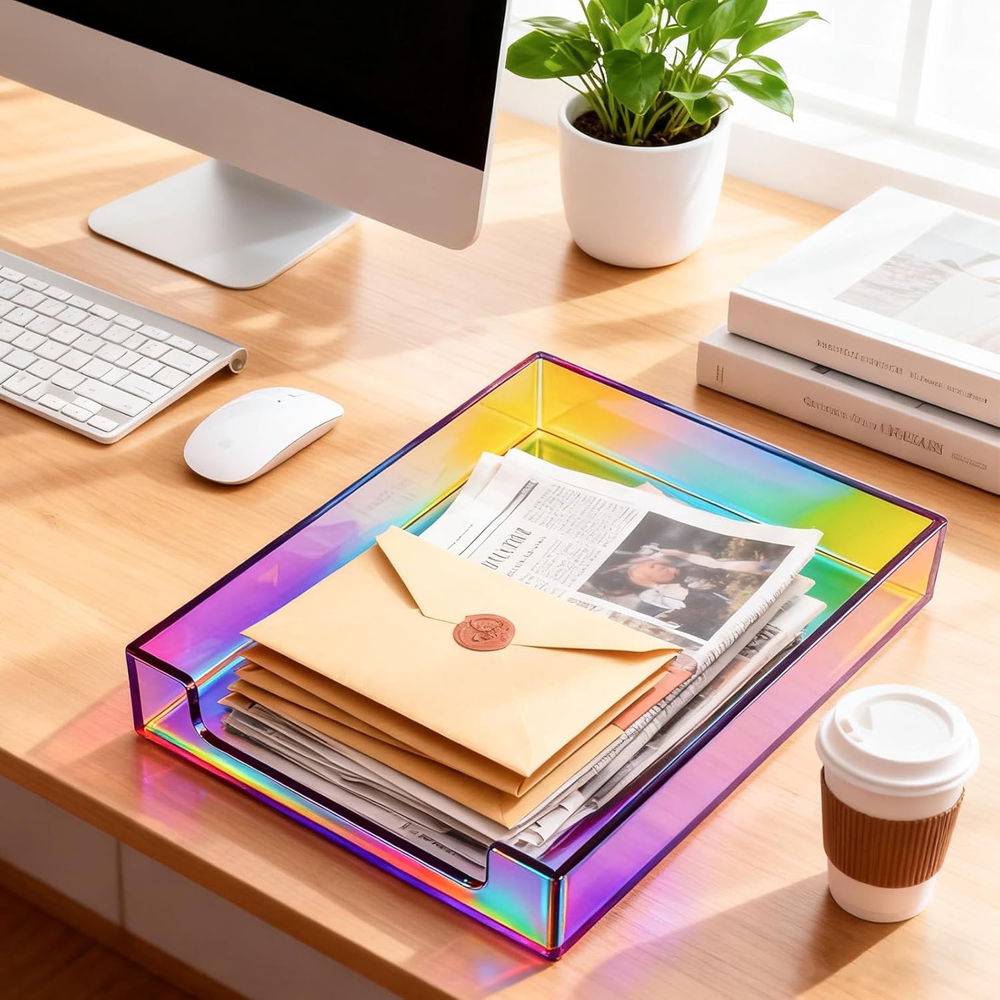 Paper Tray Acrylic File Organizer for Desk Letter Tray Desk Organizer Document Holder Sorter Storage for A4 Office Supplies Magazines, 13.8x10.6x2.4 Inches, Neon Pink
