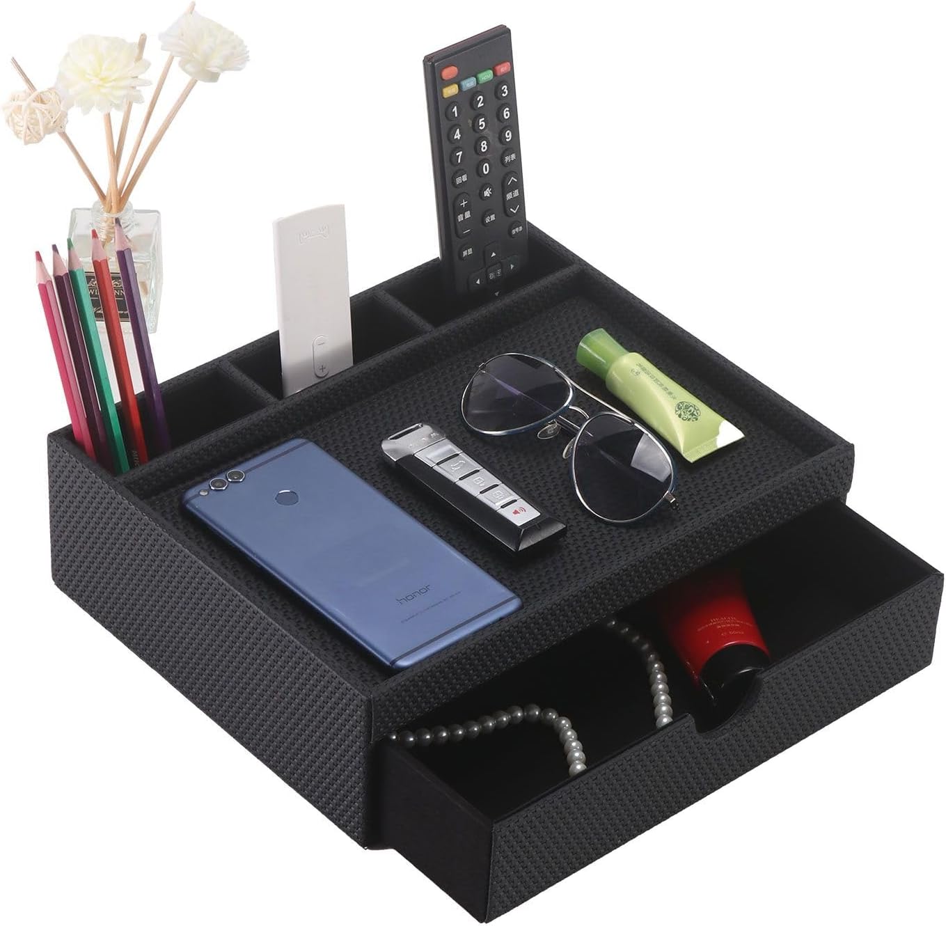 Leather Desk Organizer With Drawers, Home Cosmetics & Phone Remote Organizer, Drawer Plus Divider & Tray (white)