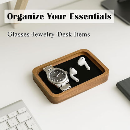 Walnut Wood Serving Tray with Velvet Liner – Decorative Valet Catchall Organizer for Desk, Nightstand & Entryway | Jewelry, Keys & Accessories Holder