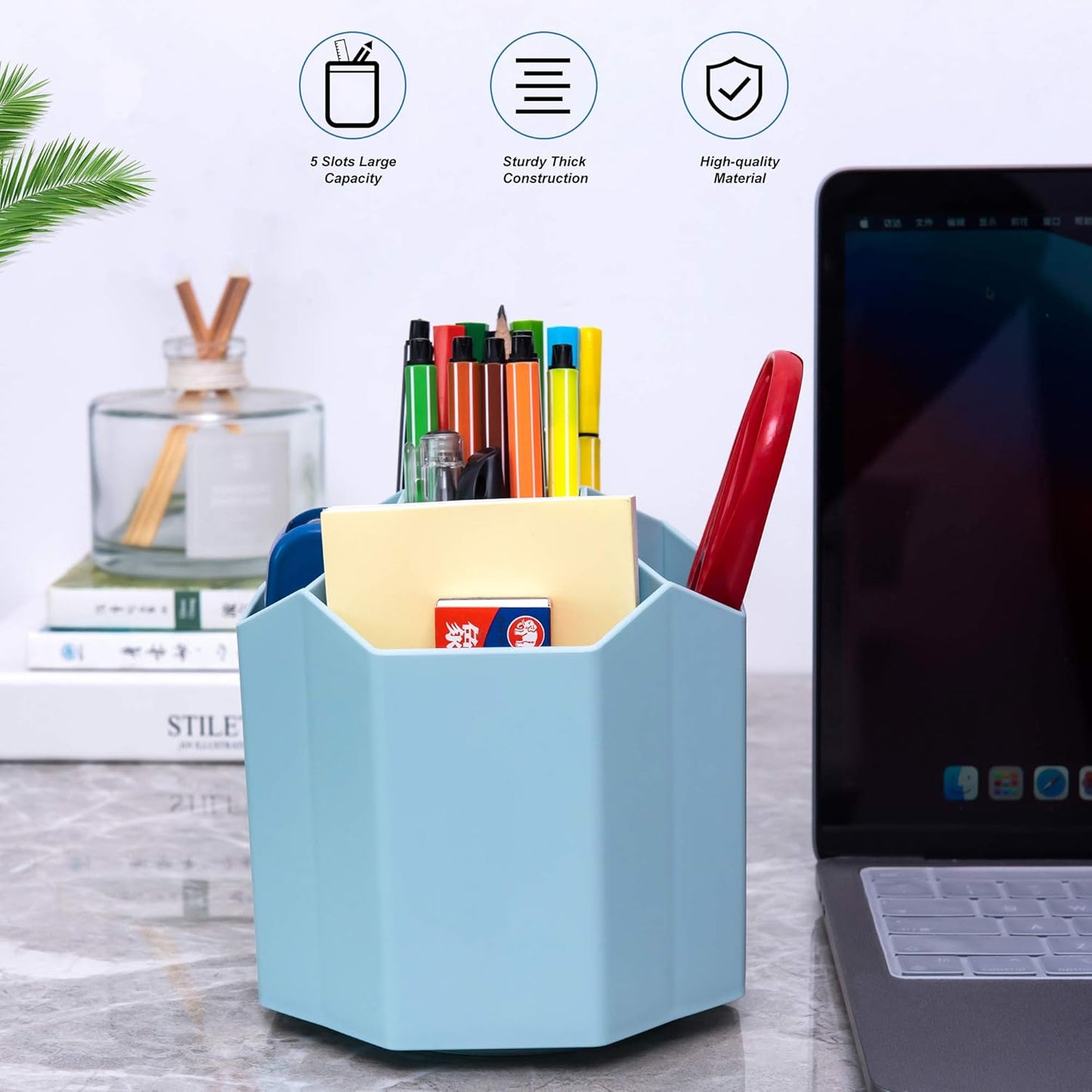 Siveit Desk Pencil Pen Holder, Rotating Pen Organizers 360-Degree 5 Grid Pen Holder for Desktop Storage Stationery Supplies Organizer, Home, Office, School, Kids, Peach Pink