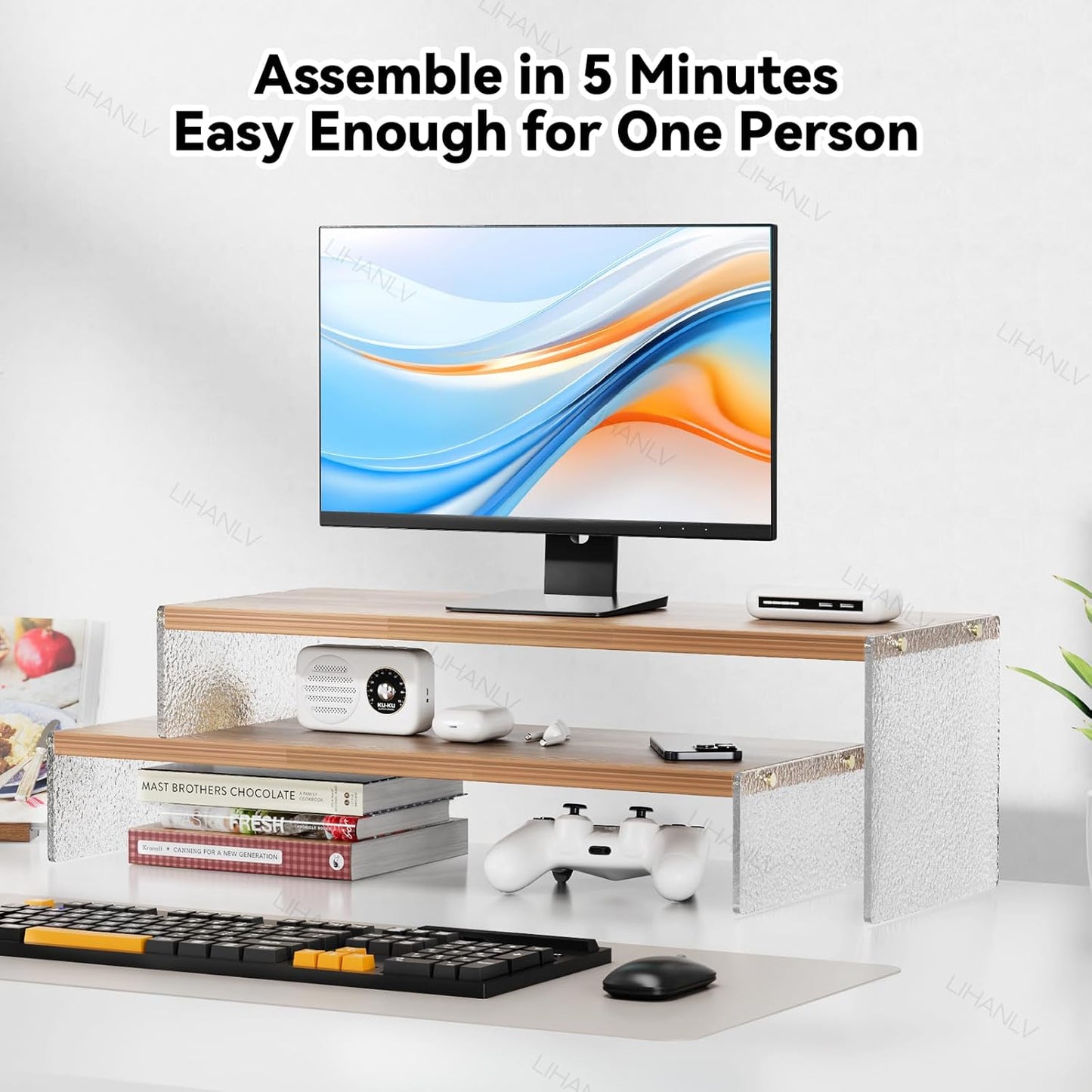YGYQZ Adjustable Monitor Stand Riser with Acrylic Legs丨7.67" Wide Dual Monitor Stand for Desk丨2-Tier Wood Desktop Organizer for Computer, Laptop, Printer & PC丨Modern Aesthetic Desk Shelf(wood-flat)