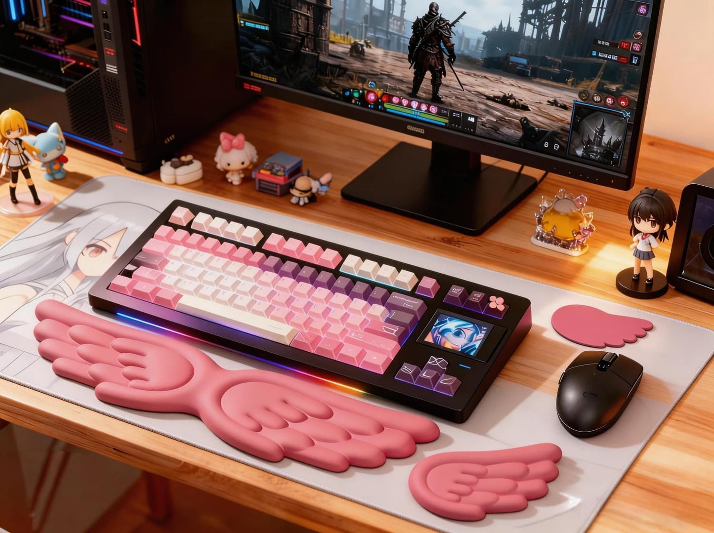 Angel Wing Wrist Rest Ergonomic Memory Foam Wrist Rest for Computer Keyboard Mouse Set with Cup Mat, Cute Gaming Keyboard Cushion Hand Support PU Leather Surface Anti-Slip Waterproof（White）