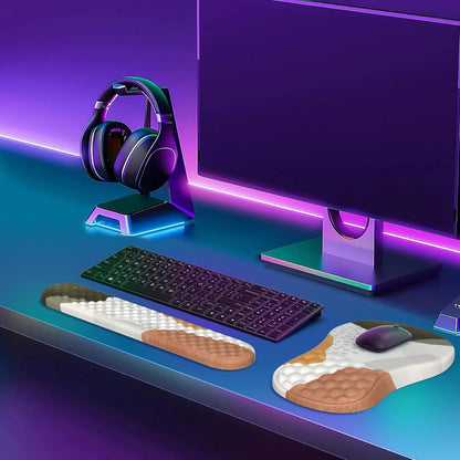 HAOCOO Keyboard Wrist Rest, Ergonomic Mouse Pad with Wrist Rest, 3 in 1 Keyboard and Mouse pad with Coaster Set, Memory Foam Wrist Support, Non-Slip PU Base for Home Office, Rose Gold Pink