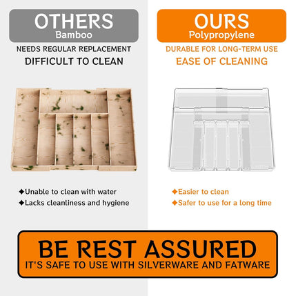 Yieach Clear Expandable Silverware Drawer Organizer - Adjust From 11'' to 22'' - Knife,Cutlery,Spoons and Forks Organizer,Large 8 Grid Flatware,Silverware Tray,Utensil Organizer for Kitchen Drawers
