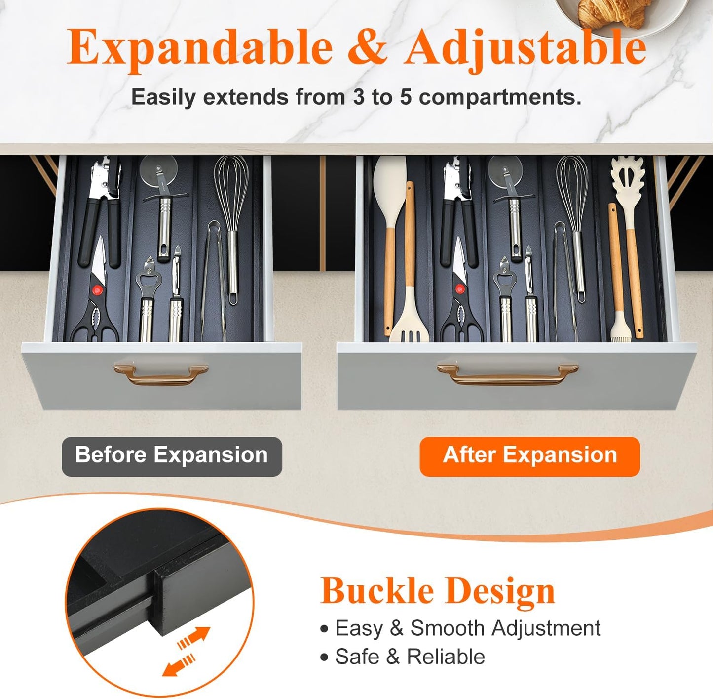 Large Bamboo Silverware Drawer Organizer Tray Kitchen Tool Drawer Divider Organizers Storage Expandable Cooking Utensil Organizer Wooden Cutlery Tray Spoon Flatware Organizers Utensil Holder Drawers