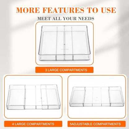 Briwooody 1 Pcs Large Expandable Acrylic Drawer Organizers, Grid Adjustable Drawer, Dividers Organizer for Desk, Makeup, Jewelry, Office, Kitchen Supplies (Clear,5 Compartments)