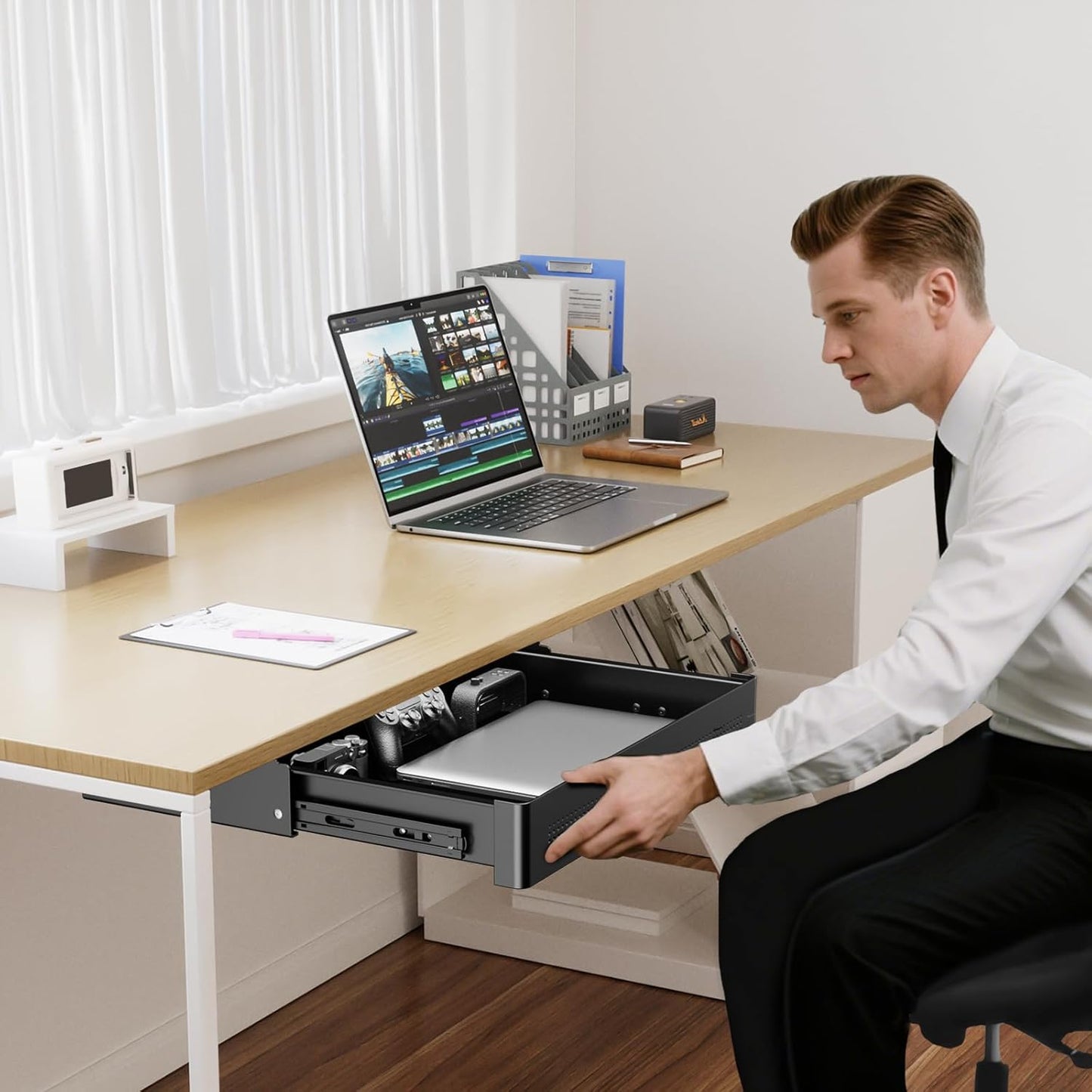 PUTORSEN Under Desk Storage Drawer 15.74" Wide - Smooth Slide Out Organizer for Standing Desk & Home Office,Max Load 17.6 lbs,Quiet Glide, White