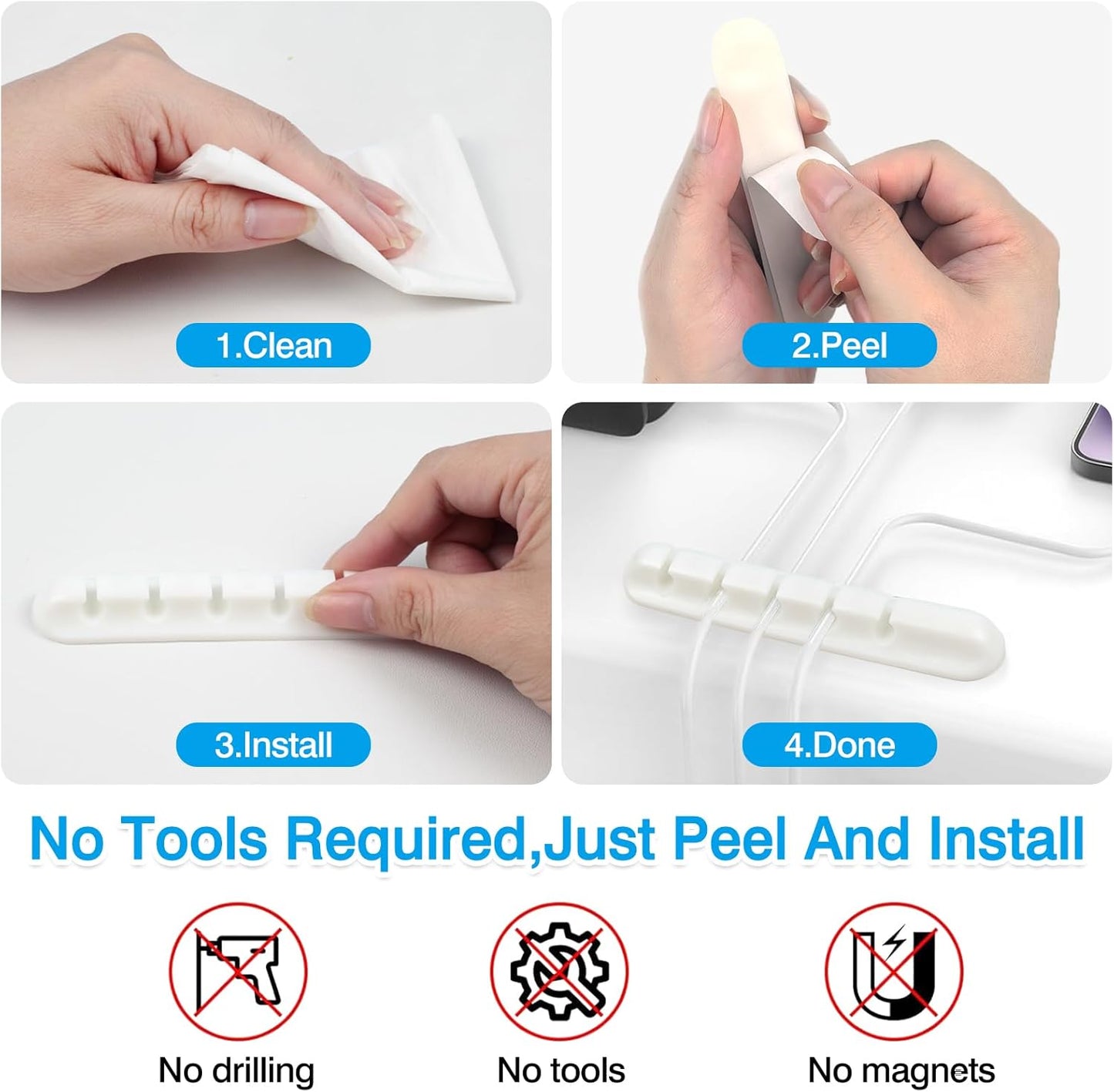 6-Pack White Silicone Cord Organizer Set – Adhesive Cable Holder Clips with 7, 5, and 3 Slots for Car, Home & Office Wire Management