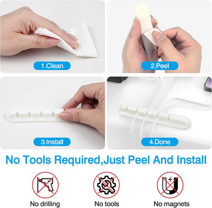6-Pack White Silicone Cord Organizer Set – Adhesive Cable Holder Clips with 7, 5, and 3 Slots for Car, Home & Office Wire Management
