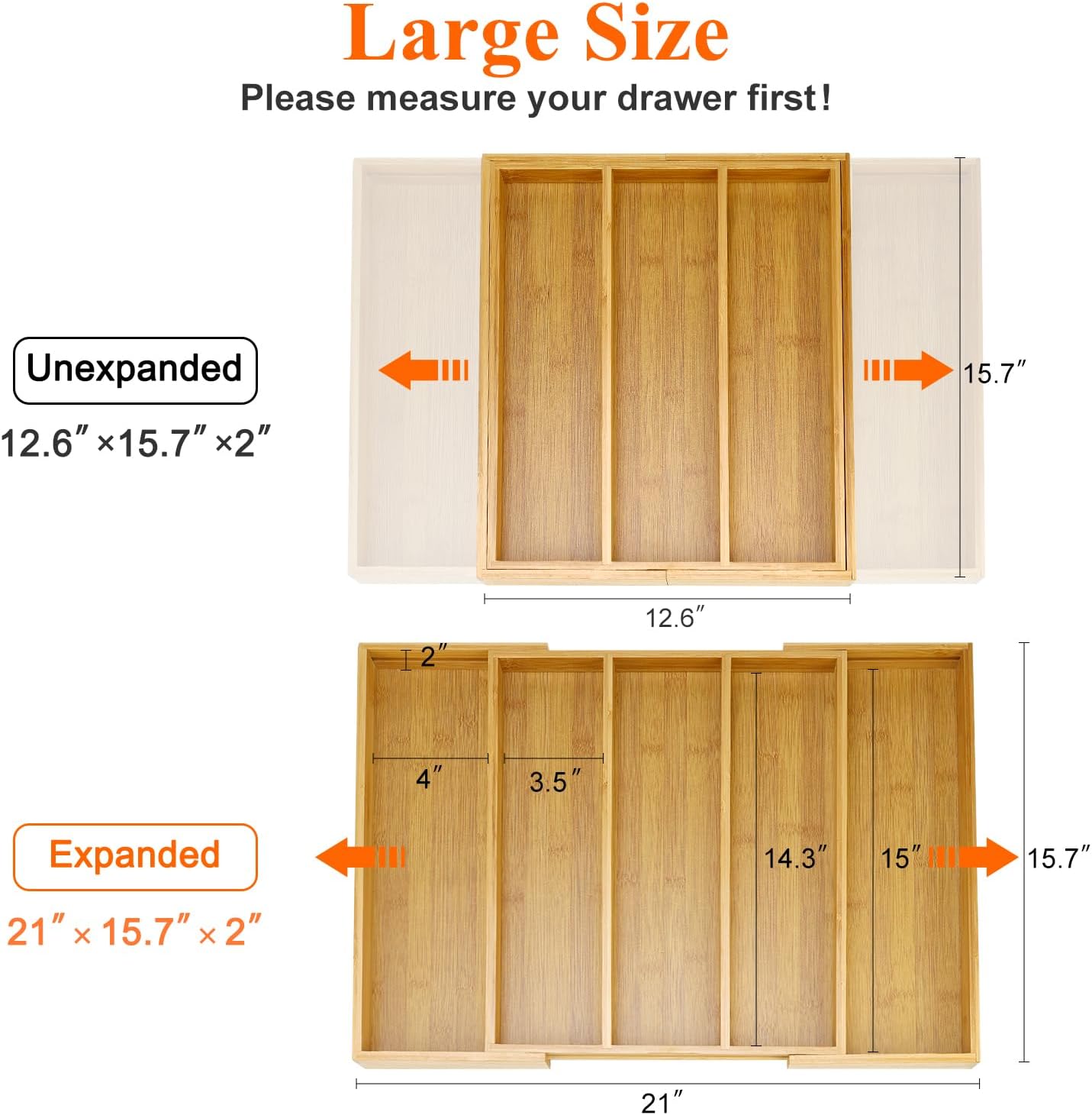 Large Bamboo Silverware Drawer Organizer Tray Kitchen Tool Drawer Divider Organizers Storage Expandable Cooking Utensil Organizer Wooden Cutlery Tray Spoon Flatware Organizers Utensil Holder Drawers