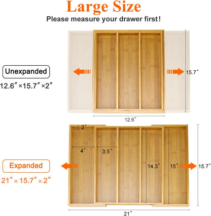 Large Bamboo Silverware Drawer Organizer Tray Kitchen Tool Drawer Divider Organizers Storage Expandable Cooking Utensil Organizer Wooden Cutlery Tray Spoon Flatware Organizers Utensil Holder Drawers