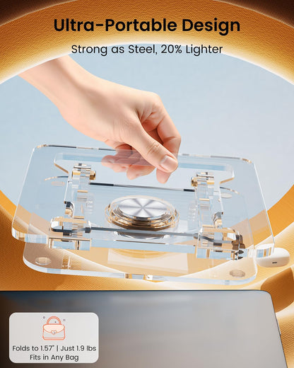 Laptop Stand for Desk - Adjustable, Foldable Clear Acrylic Riser with 360° Rotating Base, Ergonomic Laptop Holder for MacBook Pro/Air & 10-16” Notebooks