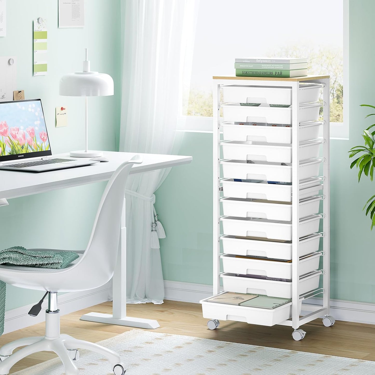 SYKIARIOL Rolling Storage Utility Cart with 6 Drawers and Wooden Tabletop for Under Desk Storage,White