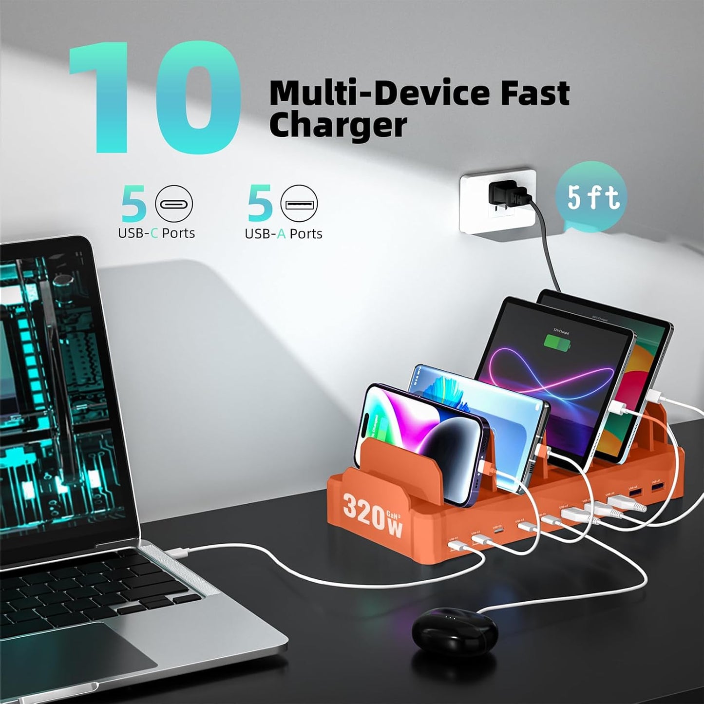 420W Charging Station for Multiple Devices, Zobirez 10-Port USB C Fast Charger Stations for MacBook, iPhone, Android Cell Phone, iPad, Tablet, Family Multi-Device Organizer Charging Dock, Black