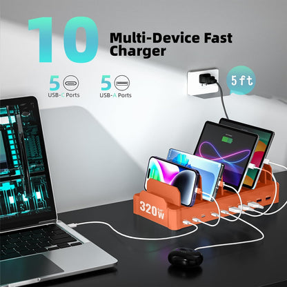 420W Charging Station for Multiple Devices, Zobirez 10-Port USB C Fast Charger Stations for MacBook, iPhone, Android Cell Phone, iPad, Tablet, Family Multi-Device Organizer Charging Dock, Black