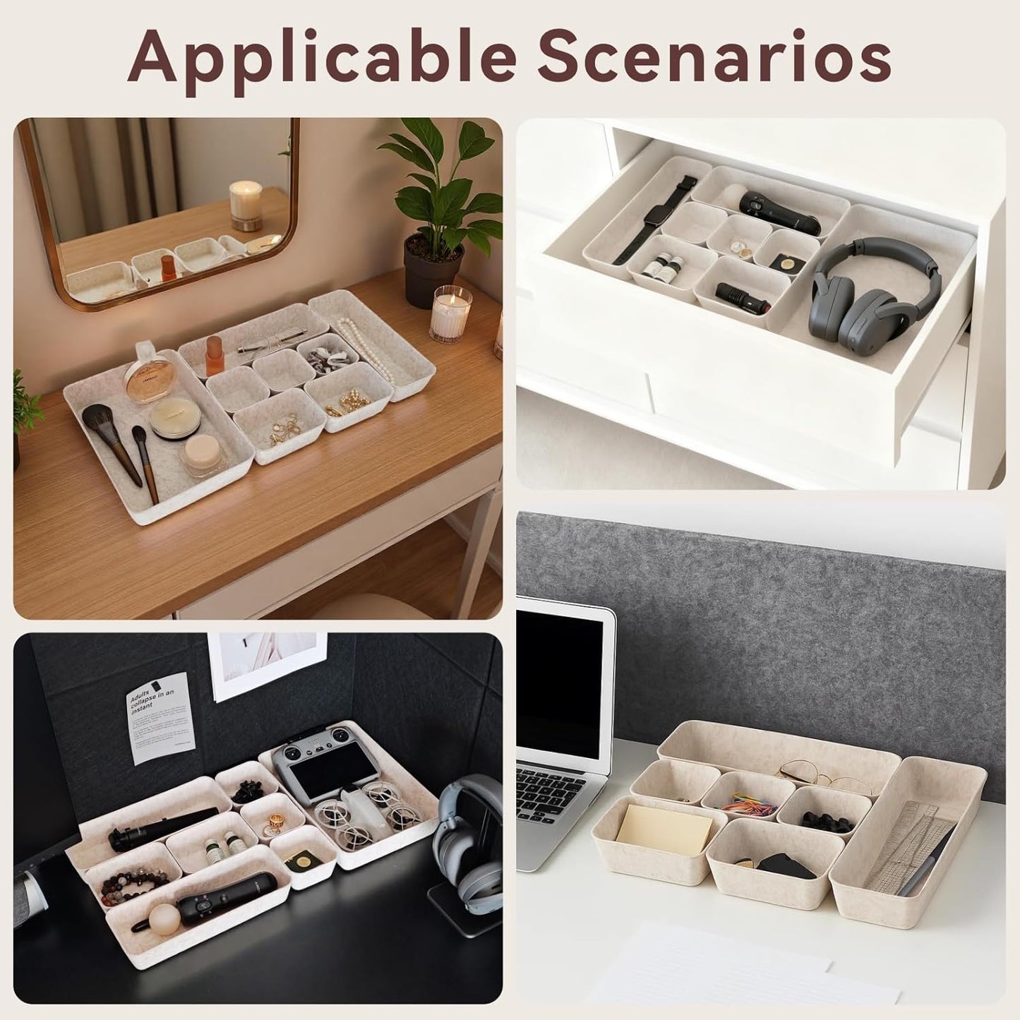 16-Piece Felt Drawer Organizer Set in 4-Sizes, Made from Eco-Friendly Material for Vanity, Makeup, Desk, Office, Kitchen, and Nightstand, Oatmeal