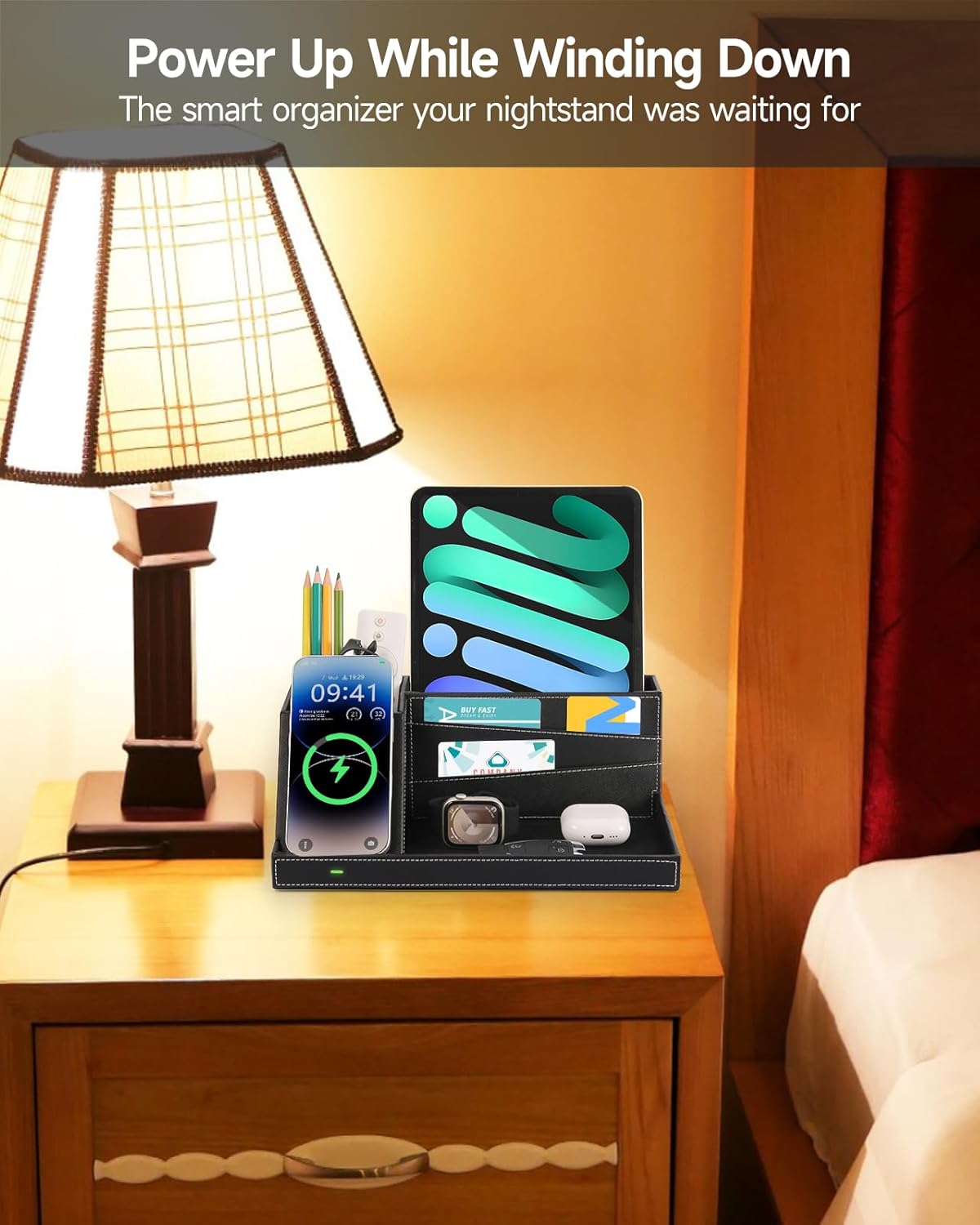 Fast Wireless Charging Station with Desk Organizer for iPhone 17/16/15/15 Pro/14/14 Pro Max/14 Pro/14 Plus/13/13 Pro Max/13 Pro/and iPhone 12/11 Series, Nightstand Desktop Organizer, Brown