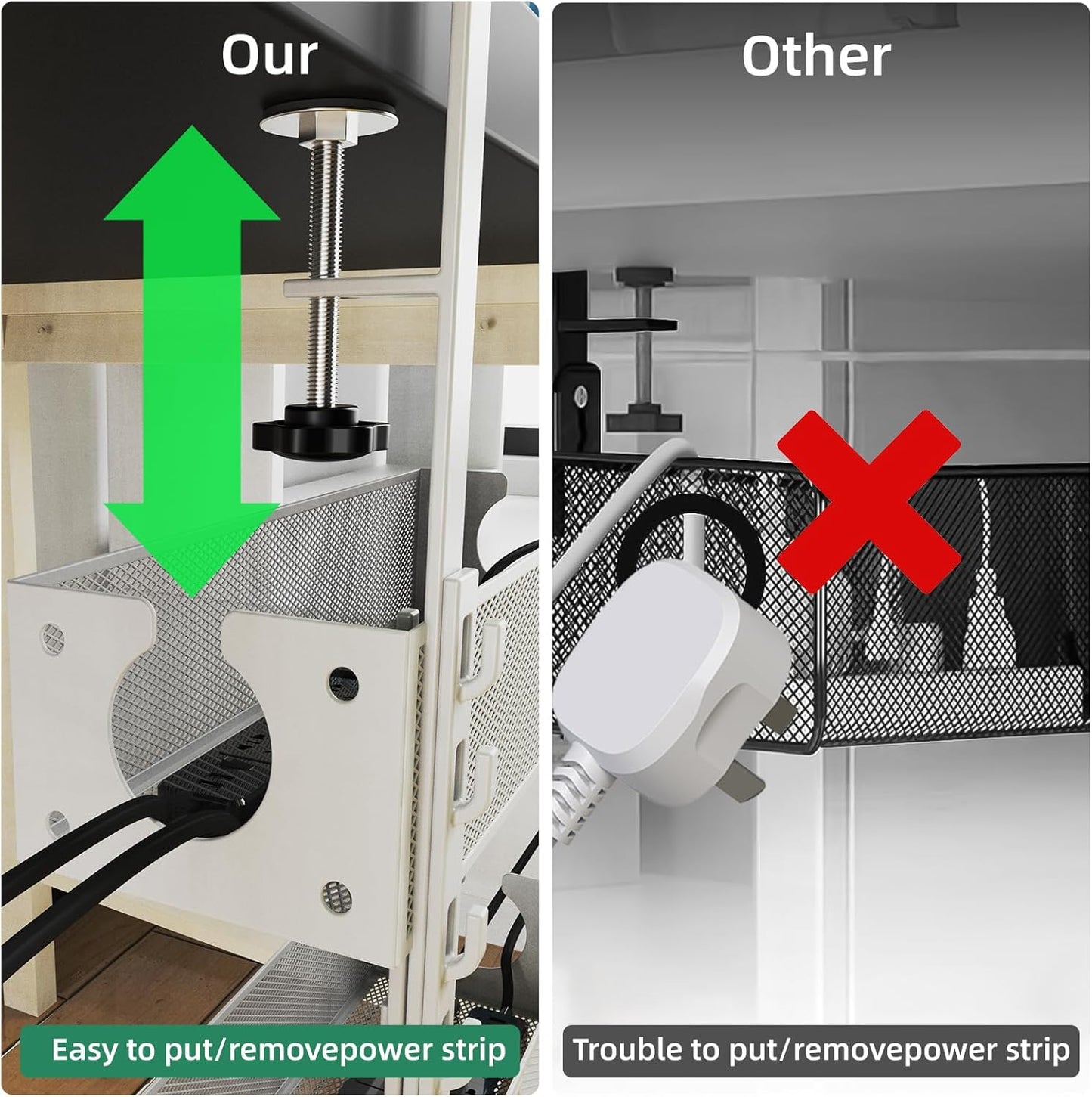 Multi-Model Under Desk Cable Management 2 Pack Metal Under Desk Wire Management Tray Clamp Mount Under Table Cord Management No Damage The Desk（White）
