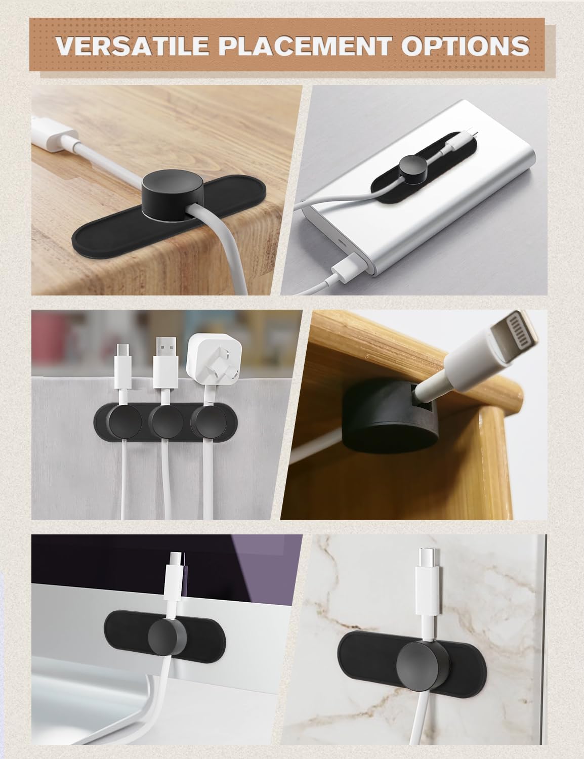 5-Pack Magnetic Cable Organizer Adhesive Cable Clips for Kitchen Nightstand Desk Table Metal Wall Steel, 5 Cord Clips + 5 Magnet Disc Base, White