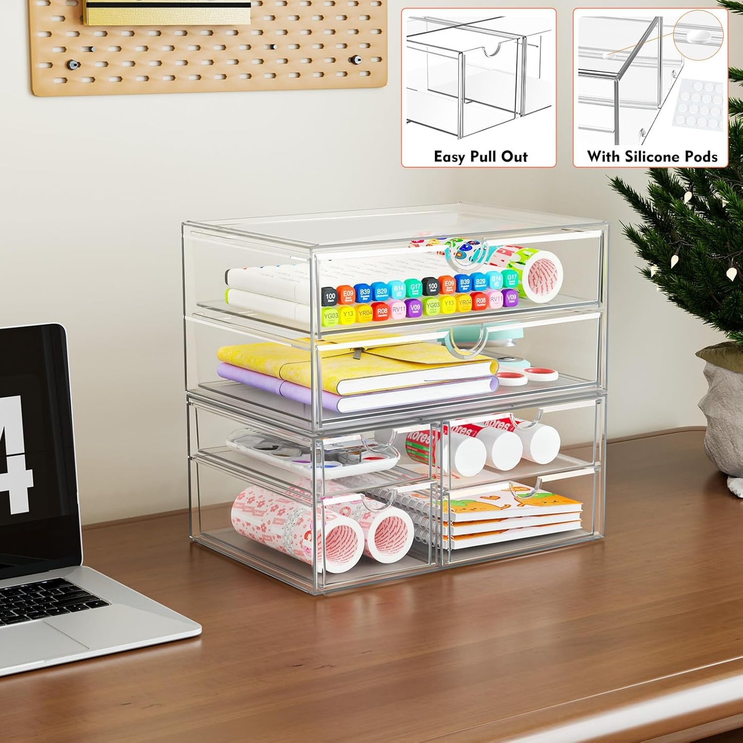 ARSTPEOE Makeup Acrylic Organizer with 17 Drawers(4 Sets), Desk Organizers and Accessories, Clear Makeup Organizer, Dustproof Storage Drawers for Office Art Craft Supplies